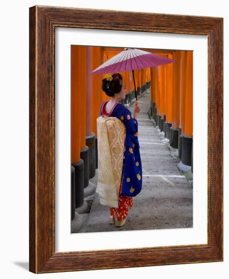 Portrait of a Geisha Holding an Ornate Umbrella at Fushimi-Inari Taisha Shrine, Honshu, Japan-Gavin Hellier-Framed Photographic Print