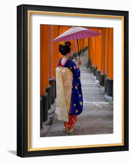 Portrait of a Geisha Holding an Ornate Umbrella at Fushimi-Inari Taisha Shrine, Honshu, Japan-Gavin Hellier-Framed Photographic Print