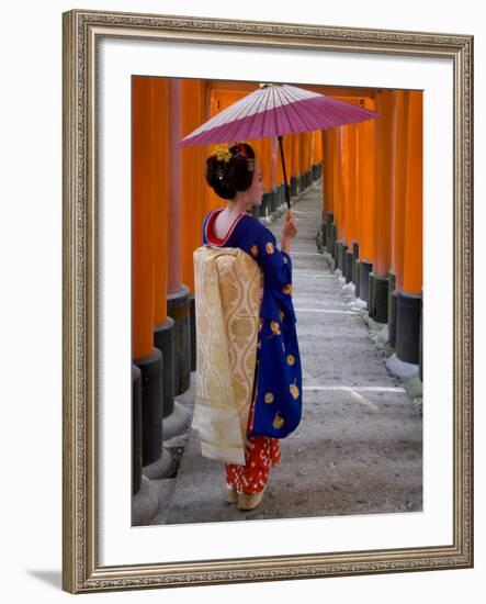 Portrait of a Geisha Holding an Ornate Umbrella at Fushimi-Inari Taisha Shrine, Honshu, Japan-Gavin Hellier-Framed Photographic Print