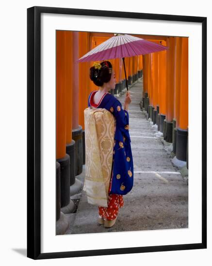 Portrait of a Geisha Holding an Ornate Umbrella at Fushimi-Inari Taisha Shrine, Honshu, Japan-Gavin Hellier-Framed Photographic Print