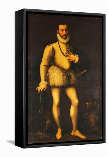 Portrait of a Gentleman, Full-Length, Wearing an Embroidered White Jerkin, a Cloak and a Sword, C.1-Italian School-Framed Premier Image Canvas