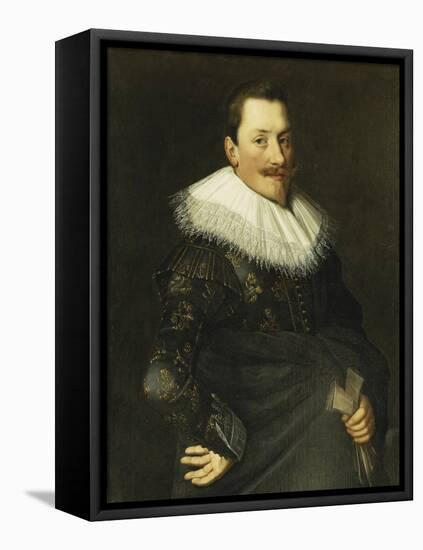 Portrait of a Gentleman, wearing a Blue Costume with Gold Embroidery and a White Lace Collar-(attributed to) Paulus Moreelse-Framed Premier Image Canvas