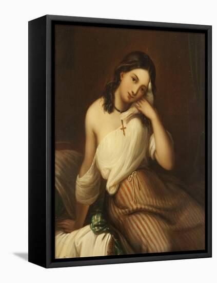 Portrait of a Girl Holding a Dove-Georges Croegaert-Framed Premier Image Canvas