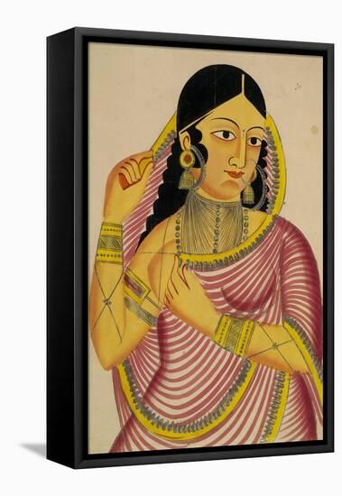 Portrait of a Laday Unveiling, Kalighat Style, India, 1860-null-Framed Stretched Canvas