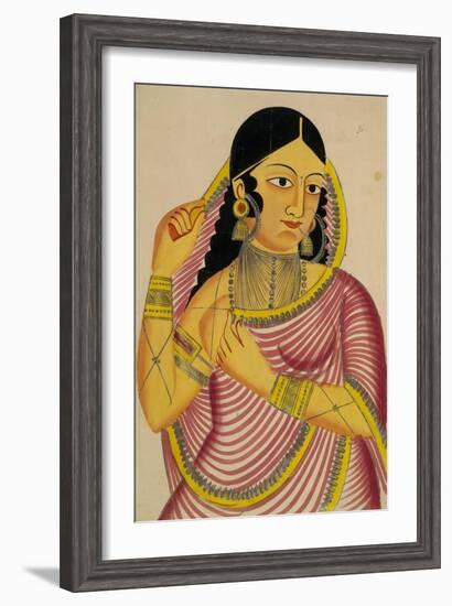Portrait of a Laday Unveiling, Kalighat Style, India, 1860-null-Framed Art Print