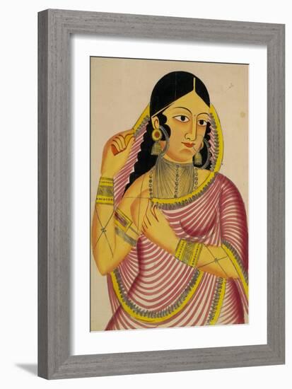 Portrait of a Laday Unveiling, Kalighat Style, India, 1860-null-Framed Art Print