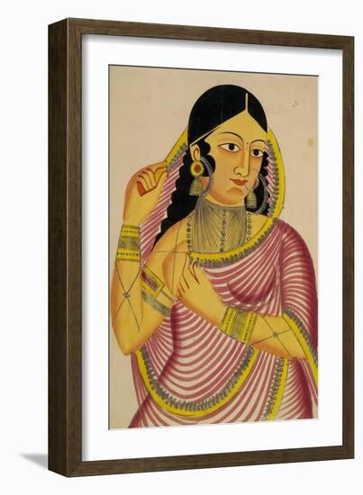 Portrait of a Laday Unveiling, Kalighat Style, India, 1860-null-Framed Art Print