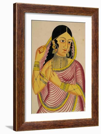 Portrait of a Laday Unveiling, Kalighat Style, India, 1860-null-Framed Art Print