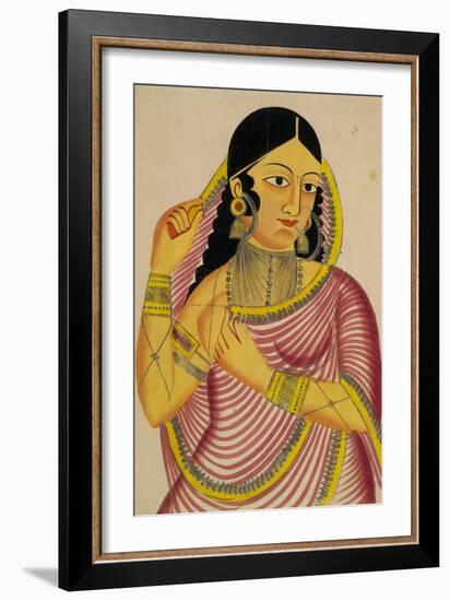 Portrait of a Laday Unveiling, Kalighat Style, India, 1860-null-Framed Art Print