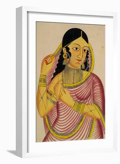 Portrait of a Laday Unveiling, Kalighat Style, India, 1860-null-Framed Art Print