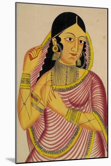 Portrait of a Laday Unveiling, Kalighat Style, India, 1860-null-Mounted Art Print