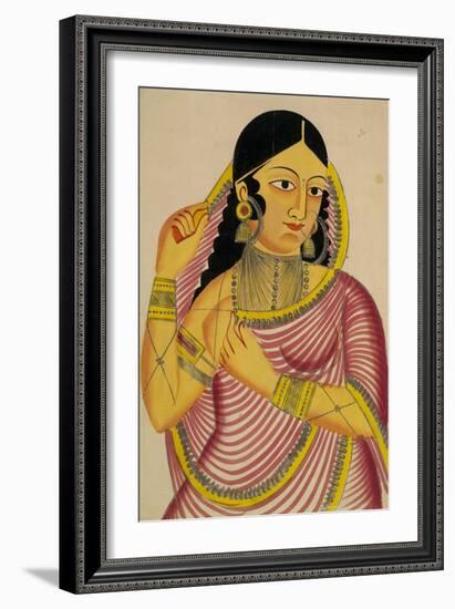 Portrait of a Laday Unveiling, Kalighat Style, India, 1860-null-Framed Art Print