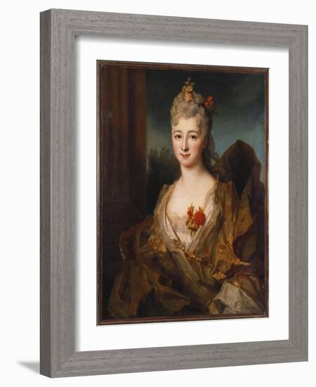 Portrait of a Lady, Half Length, in a White and Gold Embroidered Dress, with Flowers in Her Hair-Nicolas de Largilliere-Framed Giclee Print