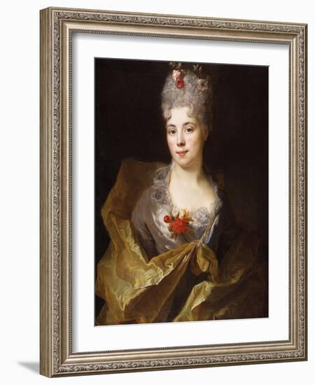 Portrait of a Lady, Half Length, Wearing a White Dress and a Yellow Wrap, with Flowers in Her Hair-Nicolas de Largilliere-Framed Giclee Print