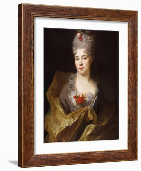 Portrait of a Lady, Half Length, Wearing a White Dress and a Yellow Wrap, with Flowers in Her Hair-Nicolas de Largilliere-Framed Giclee Print