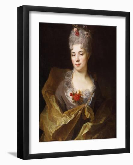 Portrait of a Lady, Half Length, Wearing a White Dress and a Yellow Wrap, with Flowers in Her Hair-Nicolas de Largilliere-Framed Giclee Print