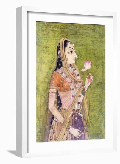 Portrait of a Lady Holding a Lotus, C. 1740-1750 (W/C on Pink Coloured Paper)-null-Framed Premium Giclee Print
