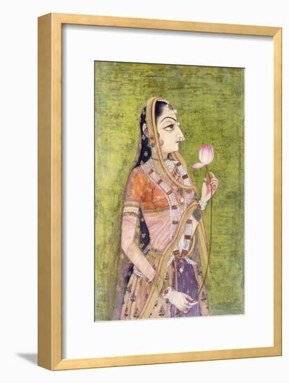 Portrait of a Lady Holding a Lotus, C. 1740-1750 (W/C on Pink Coloured Paper)-null-Framed Giclee Print