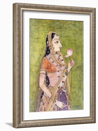 Portrait of a Lady Holding a Lotus, C. 1740-1750 (W/C on Pink Coloured Paper)-null-Framed Giclee Print