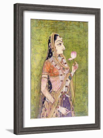 Portrait of a Lady Holding a Lotus, C. 1740-1750 (W/C on Pink Coloured Paper)-null-Framed Giclee Print