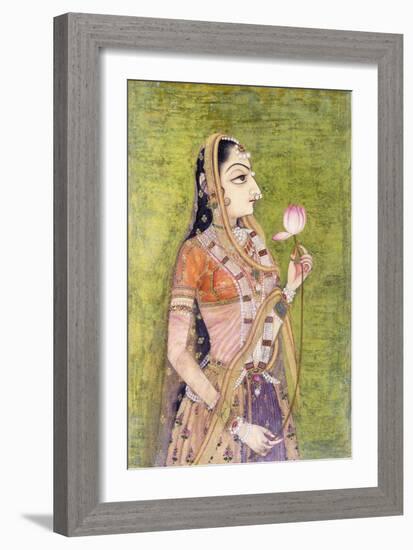 Portrait of a Lady Holding a Lotus, C. 1740-1750 (W/C on Pink Coloured Paper)-null-Framed Giclee Print