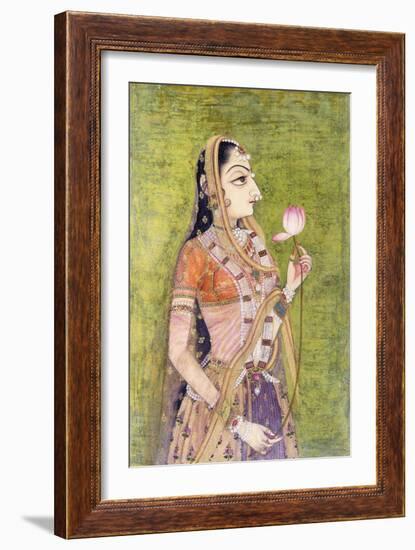 Portrait of a Lady Holding a Lotus, C. 1740-1750 (W/C on Pink Coloured Paper)-null-Framed Giclee Print