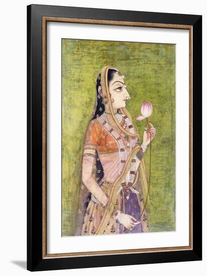 Portrait of a Lady Holding a Lotus, C. 1740-1750 (W/C on Pink Coloured Paper)-null-Framed Giclee Print