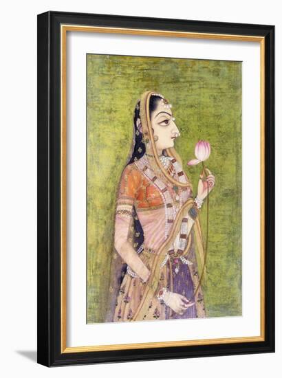 Portrait of a Lady Holding a Lotus, C. 1740-1750 (W/C on Pink Coloured Paper)-null-Framed Giclee Print