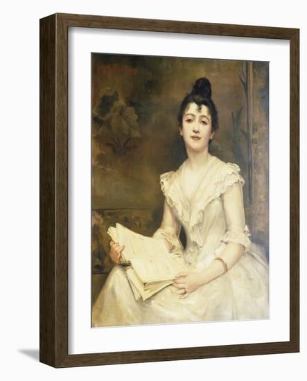 Portrait of a Lady in a White Dress, Reading a Music Score-Caroline Feuillas-Creusy-Framed Giclee Print