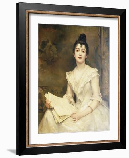 Portrait of a Lady in a White Dress, Reading a Music Score-Caroline Feuillas-Creusy-Framed Giclee Print