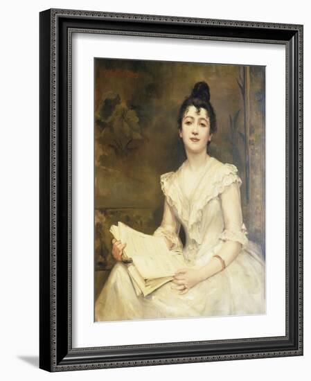 Portrait of a Lady in a White Dress, Reading a Music Score-Caroline Feuillas-Creusy-Framed Giclee Print