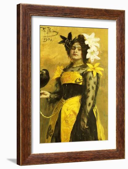 Portrait of a Lady in a Yellow and Black Gown Adorned with Lilies Holding a Black Bird, 1901-Ilya Efimovich Repin-Framed Giclee Print