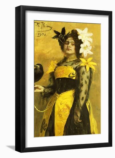 Portrait of a Lady in a Yellow and Black Gown Adorned with Lilies Holding a Black Bird, 1901-Ilya Efimovich Repin-Framed Giclee Print