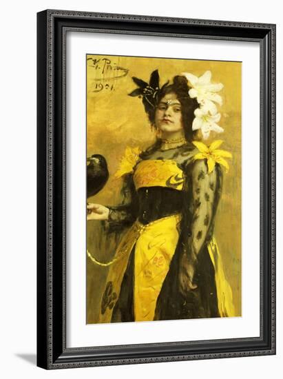 Portrait of a Lady in a Yellow and Black Gown Adorned with Lilies Holding a Black Bird, 1901-Ilya Efimovich Repin-Framed Giclee Print