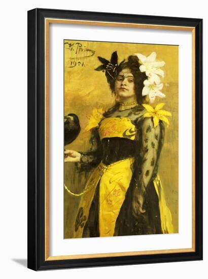 Portrait of a Lady in a Yellow and Black Gown Adorned with Lilies Holding a Black Bird, 1901-Ilya Efimovich Repin-Framed Giclee Print