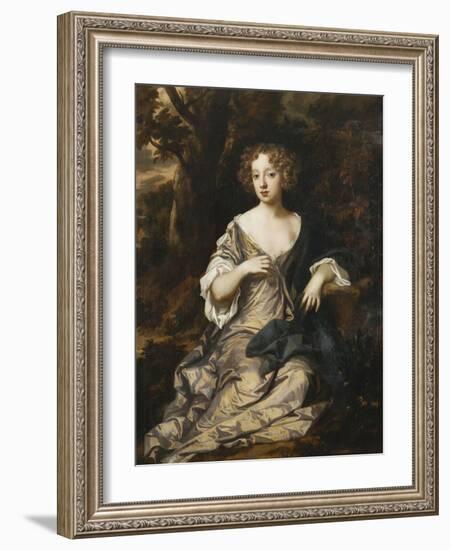 Portrait of a Lady, Seated Full Length, in a Wooded Landscape, Wearing a Violet Silk Dress with…-Sir Peter Lely-Framed Giclee Print