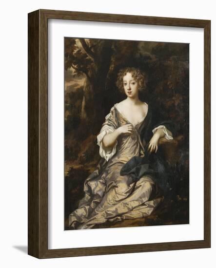 Portrait of a Lady, Seated Full Length, in a Wooded Landscape, Wearing a Violet Silk Dress with…-Sir Peter Lely-Framed Giclee Print