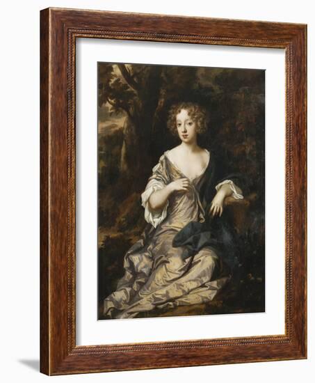 Portrait of a Lady, Seated Full Length, in a Wooded Landscape, Wearing a Violet Silk Dress with…-Sir Peter Lely-Framed Giclee Print