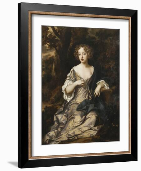 Portrait of a Lady, Seated Full Length, in a Wooded Landscape, Wearing a Violet Silk Dress with…-Sir Peter Lely-Framed Giclee Print