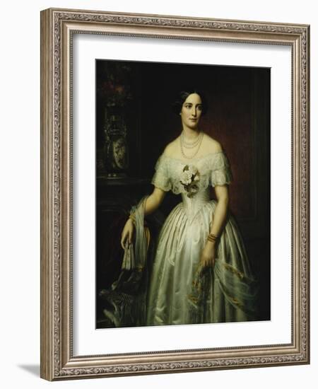 Portrait of a Lady Standing Three-Quarter Length Wearing a White Dress-August Schiott-Framed Giclee Print