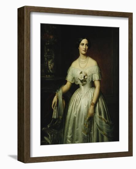 Portrait of a Lady Standing Three-Quarter Length Wearing a White Dress-August Schiott-Framed Giclee Print