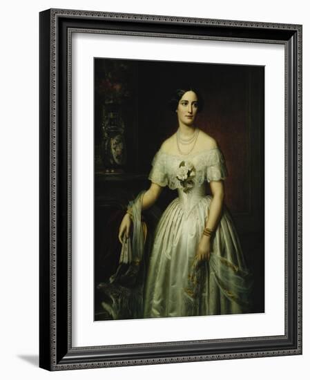 Portrait of a Lady Standing Three-Quarter Length Wearing a White Dress-August Schiott-Framed Giclee Print