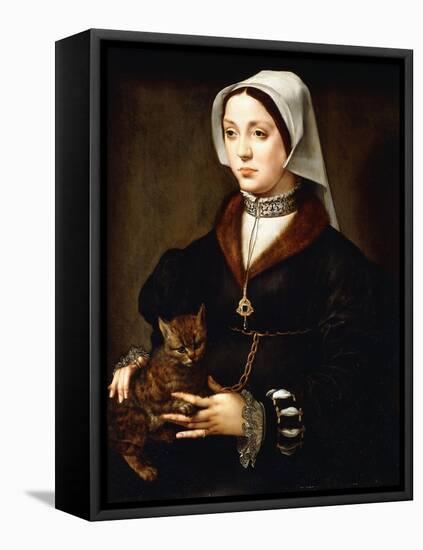 Portrait of a Lady, Three-Quarter-Length, Wearing Dark Costume, Holding a Cat-Ambrosius Benson-Framed Premier Image Canvas
