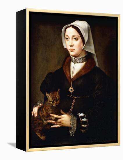 Portrait of a Lady, Three-Quarter-Length, Wearing Dark Costume, Holding a Cat-Ambrosius Benson-Framed Premier Image Canvas