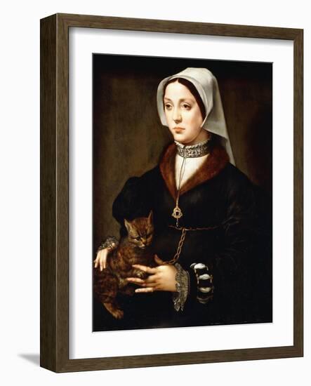 Portrait of a Lady, Three-Quarter-Length, Wearing Dark Costume, Holding a Cat-Ambrosius Benson-Framed Giclee Print