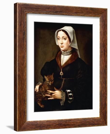 Portrait of a Lady, Three-Quarter-Length, Wearing Dark Costume, Holding a Cat-Ambrosius Benson-Framed Giclee Print