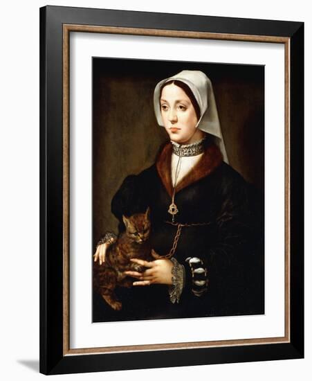 Portrait of a Lady, Three-Quarter-Length, Wearing Dark Costume, Holding a Cat-Ambrosius Benson-Framed Giclee Print