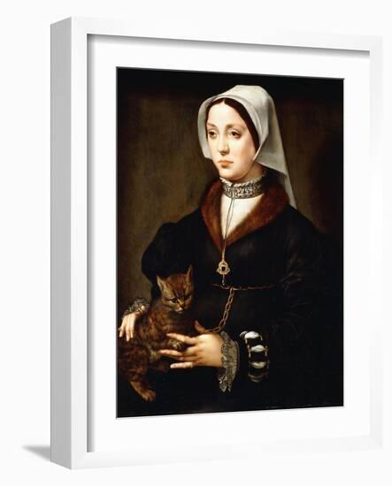 Portrait of a Lady, Three-Quarter-Length, Wearing Dark Costume, Holding a Cat-Ambrosius Benson-Framed Giclee Print