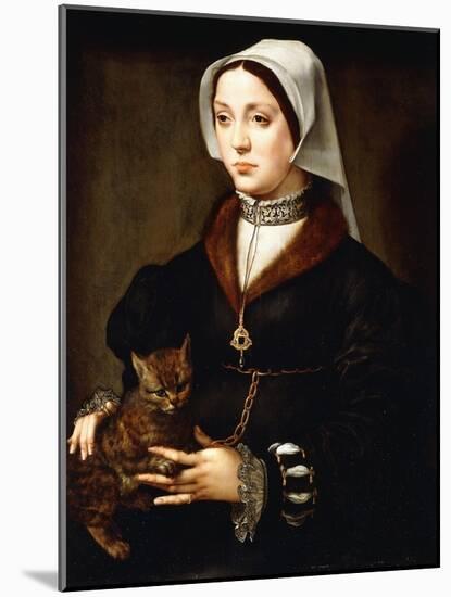 Portrait of a Lady, Three-Quarter-Length, Wearing Dark Costume, Holding a Cat-Ambrosius Benson-Mounted Giclee Print