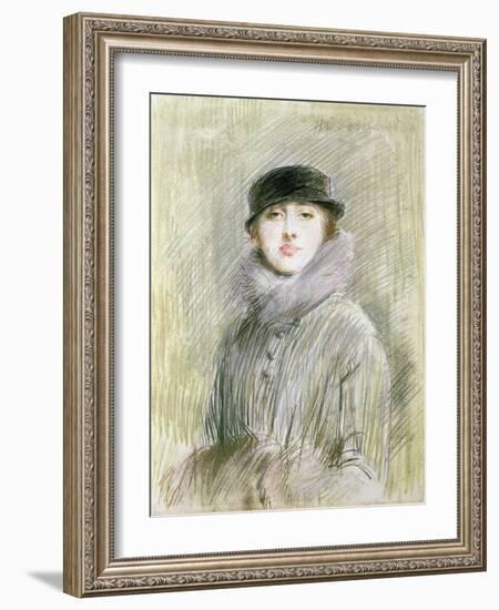 Portrait of a Lady with a Fur Collar and Muff, 20th Century (Drawing)-Paul Cesar Helleu-Framed Giclee Print